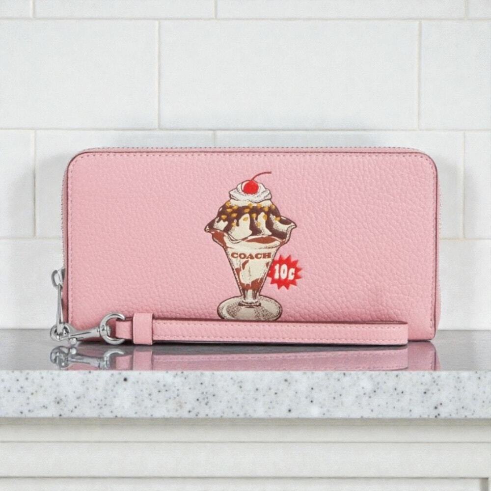 Coach Long Zip Around Pink Leather Wallet With Sundae Graphic CU380